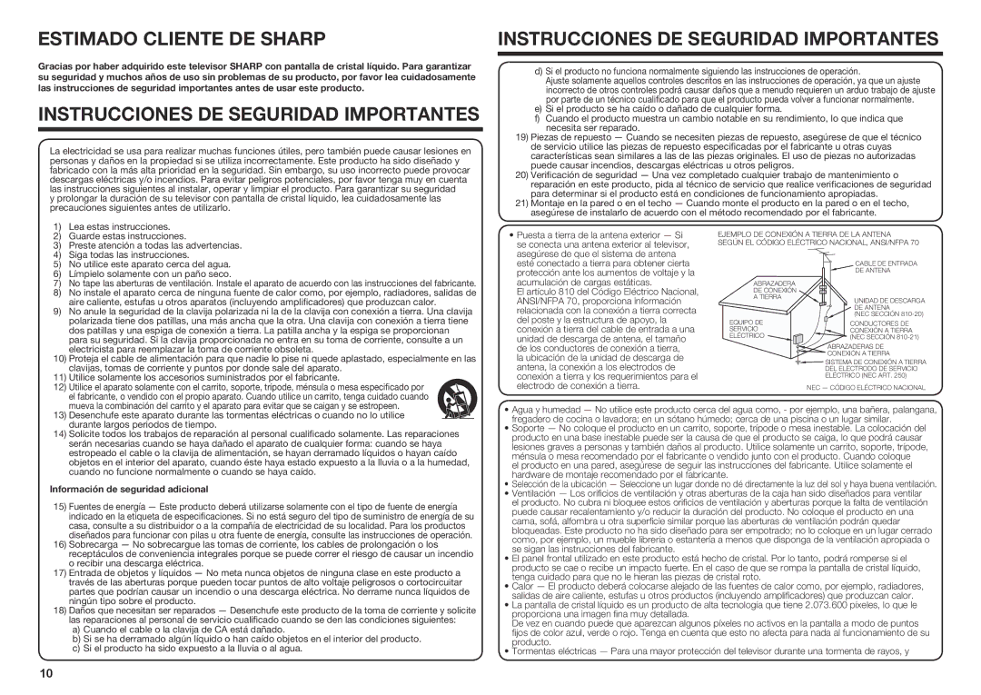 Sharp LC60EQ10U, LC70SQ15U, LC60UQ17U, LC60SQ15U, LC70EQ10U, LC70UQ17U, LC80UQ17U setup guide Información de seguridad adicional 