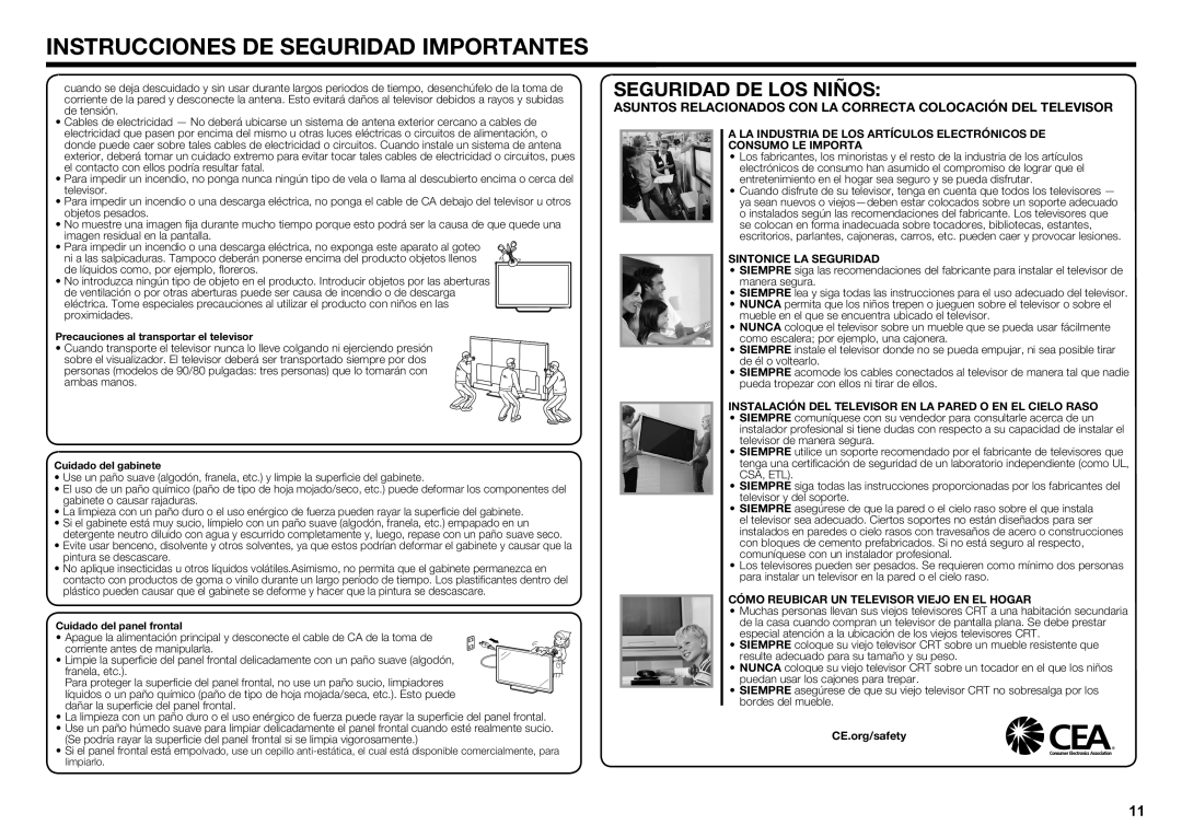 Sharp LC70UQ17U, LC70SQ15U, LC60UQ17U Sintonice LA Seguridad, Instalación DEL Televisor EN LA Pared O EN EL Cielo Raso 