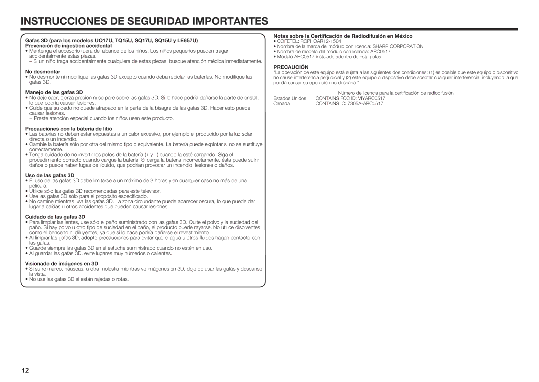 Sharp LC80UQ17U, LC70SQ15U No desmontar, Manejo de las gafas 3D, Precauciones con la batería de litio, Uso de las gafas 3D 