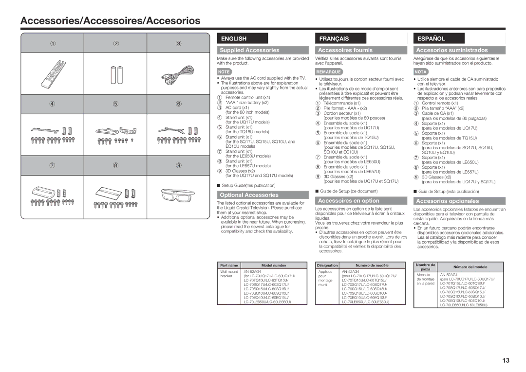 Sharp LC70SQ15U, LC60UQ17U, LC60SQ15U, LC70EQ10U, LC60EQ10U, LC70UQ17U, LC80UQ17U setup guide Accessories/Accessoires/Accesorios 