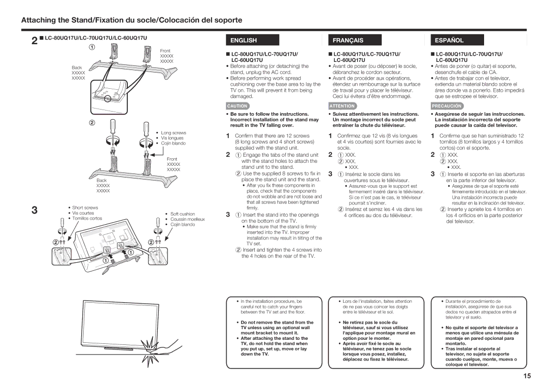 Sharp LC60SQ15U, LC70SQ15U, LC60UQ17U, LC70EQ10U, LC60EQ10U Englishfrançais Español, QQLC-80UQ17U/LC-70UQ17U/LC-60UQ17U 