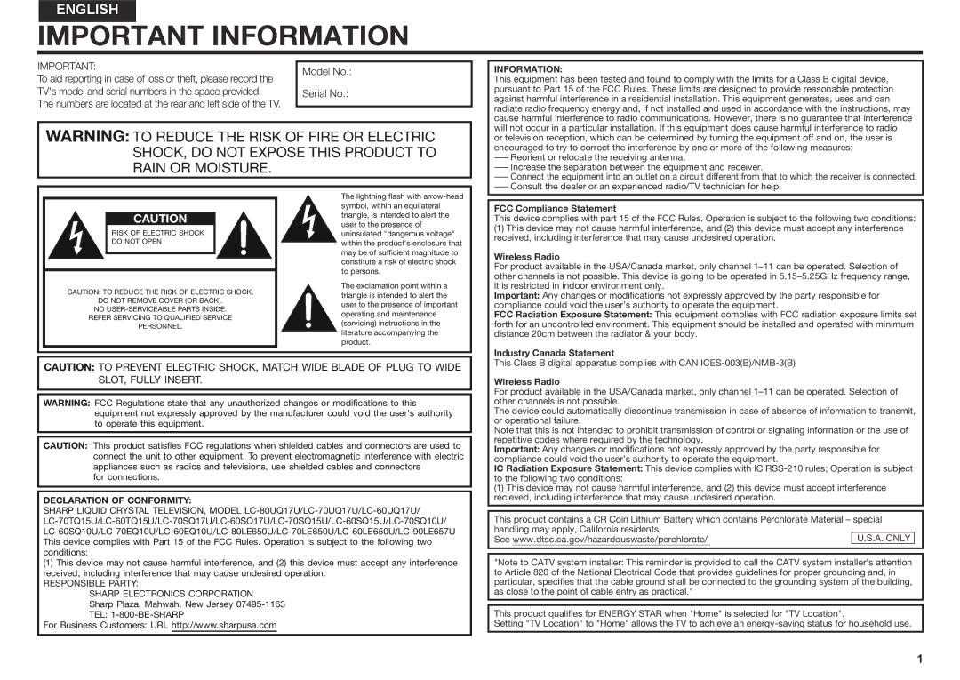 Sharp LC60SQ15U, LC70SQ15U, LC60UQ17U Information, FCC Compliance Statement, Wireless Radio, Industry Canada Statement 