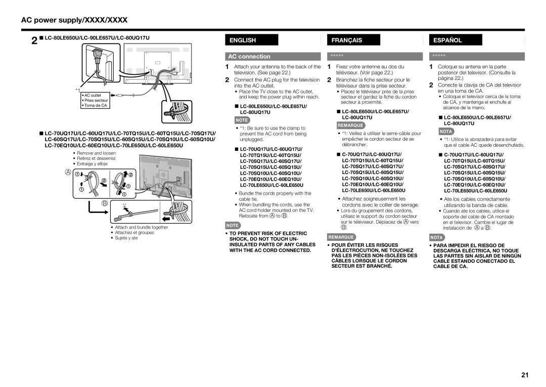 Sharp LC60UQ17U AC connection, QQLC‑80LE650U/LC‑90LE657U/LC‑80UQ17U, Fixez votre antenne au dos du téléviseur. Voir 