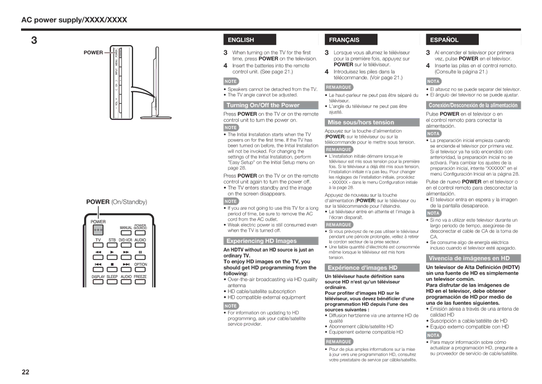 Sharp LC60SQ15U, LC70SQ15U Turning On/Off the Power, Experiencing HD Images, Mise sous/hors tension, Expérience dimages HD 