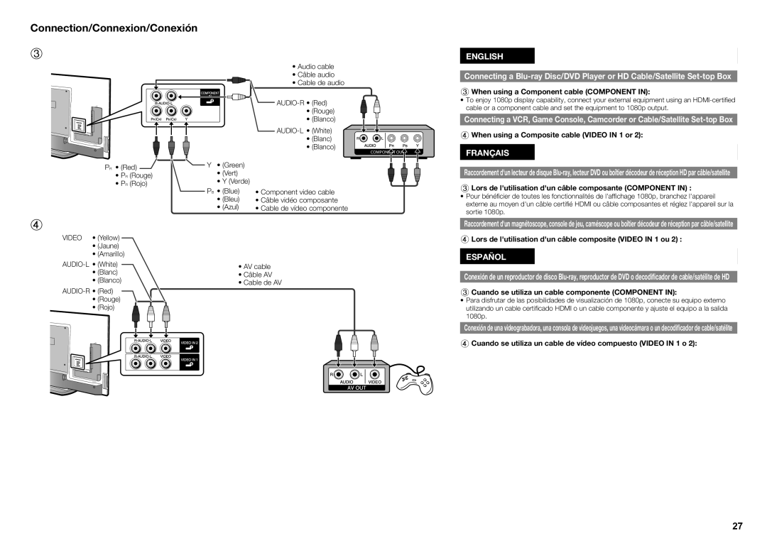 Sharp LC70SQ15U, LC60UQ17U 33When using a Component cable Component, 44When using a Composite cable Video in 1 or 