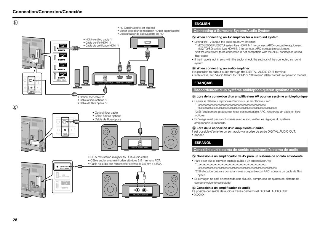 Sharp LC60UQ17U Connecting a Surround System/Audio System, Raccordement dun système ambiophonique/un système audio 