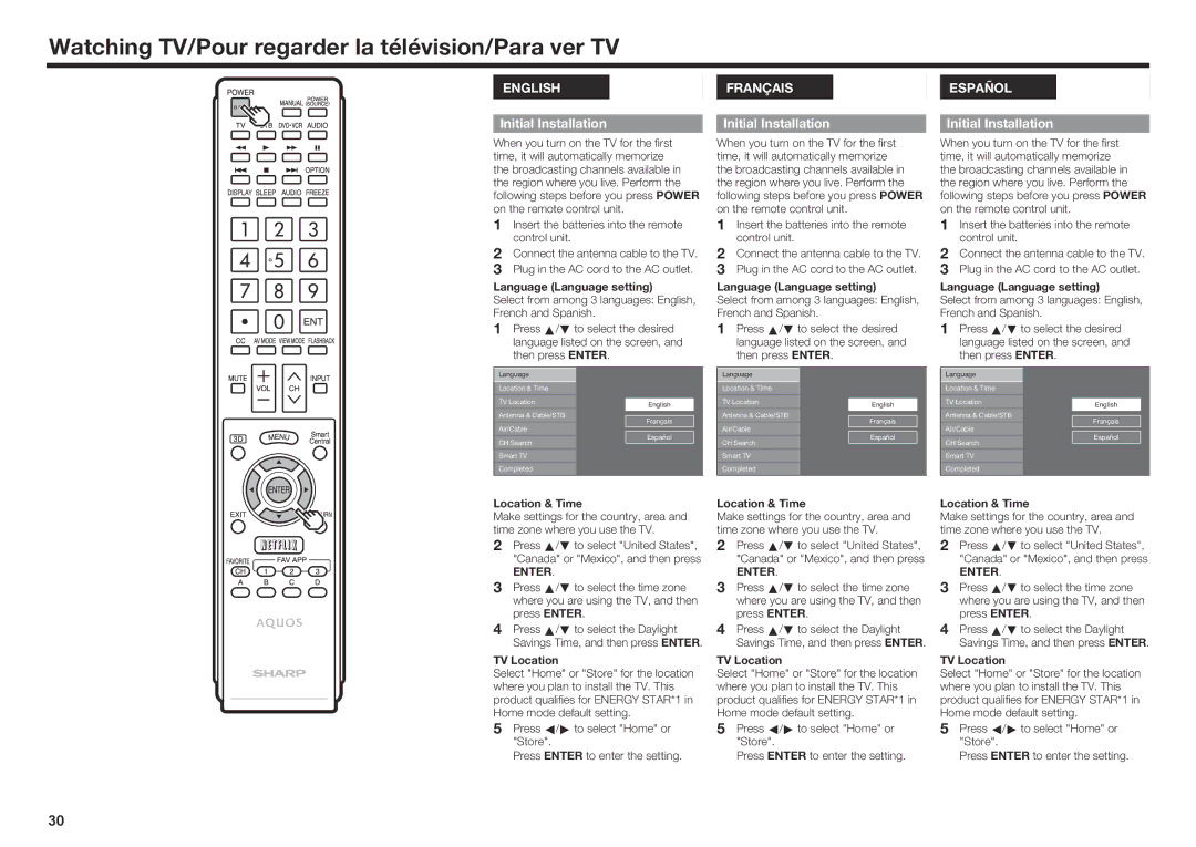 Sharp LC70EQ10U, LC70SQ15U, LC60UQ17U Watching TV/Pour regarder la télévision/Para ver TV, Initial Installation, Enter 