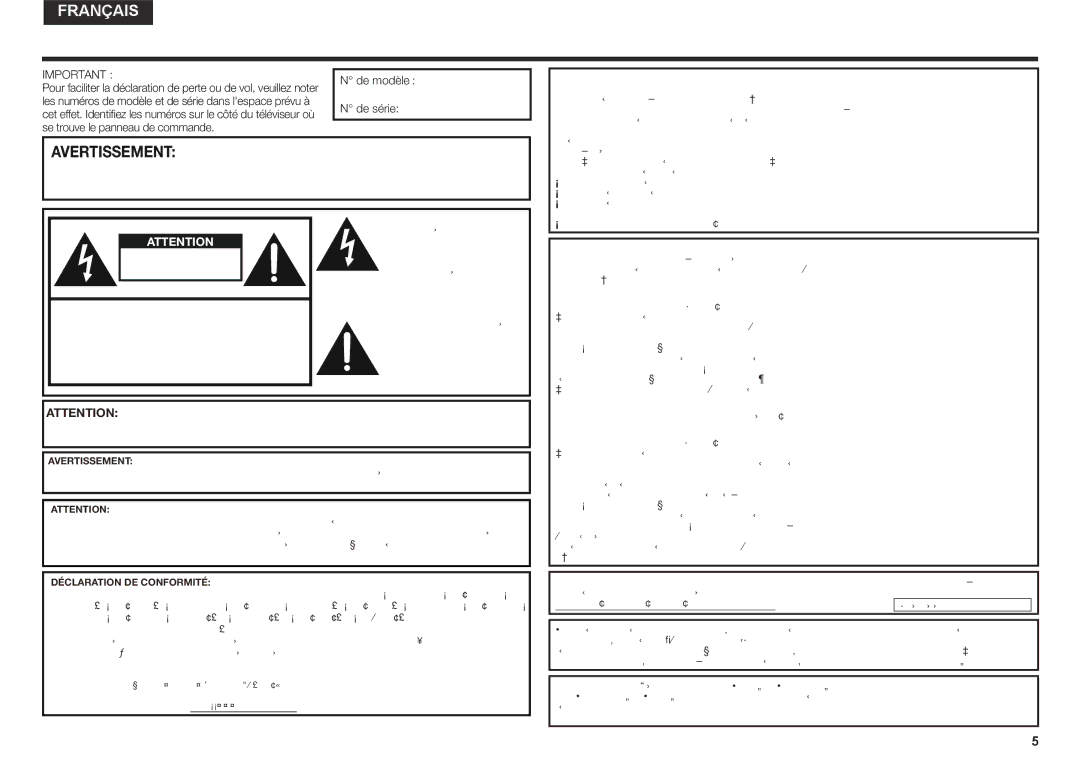 Sharp LC80UQ17U, LC70SQ15U Les numéros de modèle et de série dans lespace prévu à, Déclaration de conformité de la FCC 