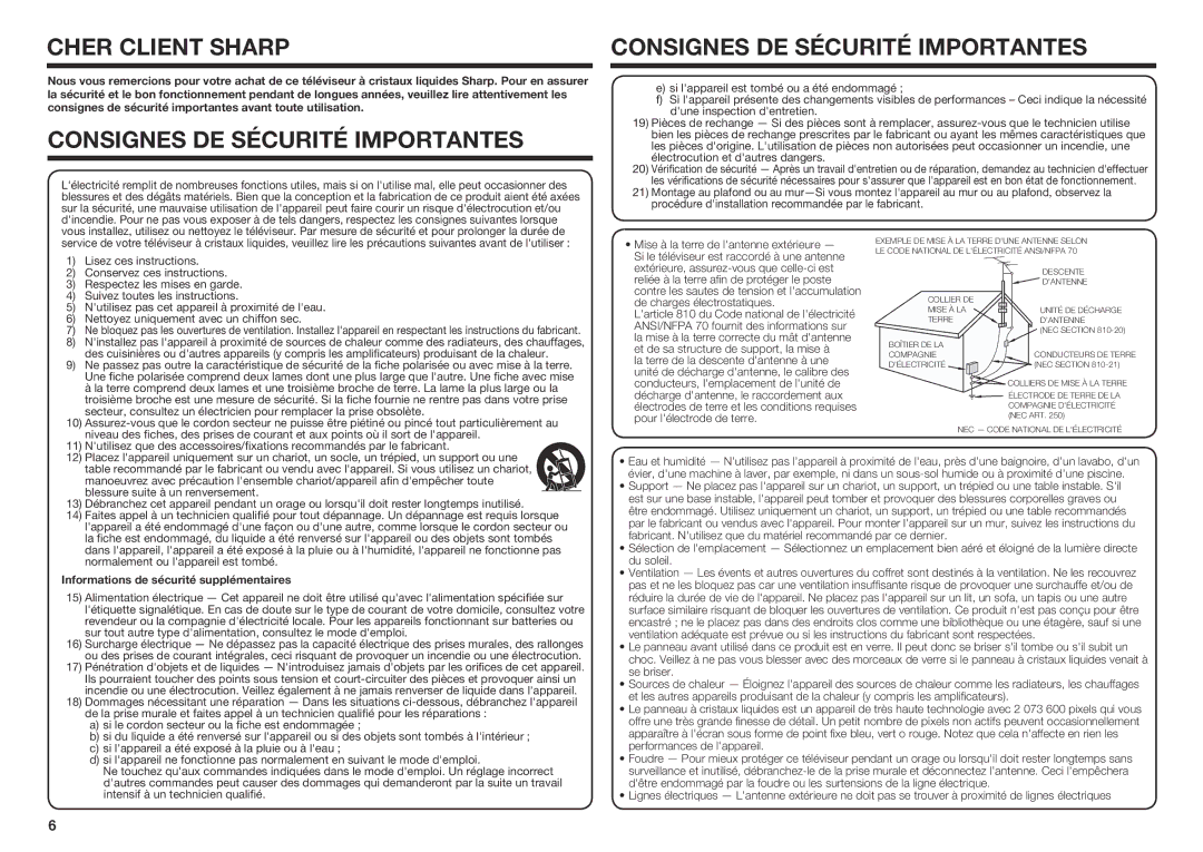 Sharp LC70SQ15U, LC60UQ17U, LC60SQ15U, LC70EQ10U, LC60EQ10U Cher Client Sharp, Informations de sécurité supplémentaires 