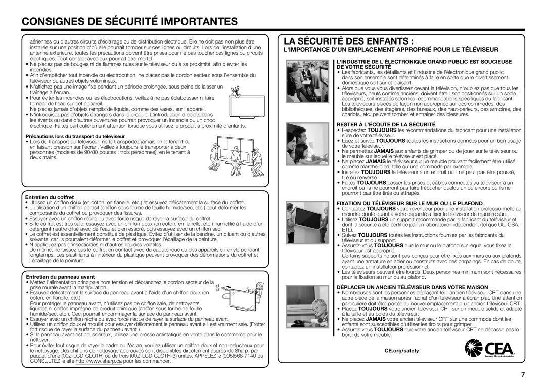 Sharp LC60UQ17U, LC70SQ15U, LC60SQ15U Rester À Lécoute DE LA Sécurité, Fixation DU Téléviseur SUR LE MUR OU LE Plafond 