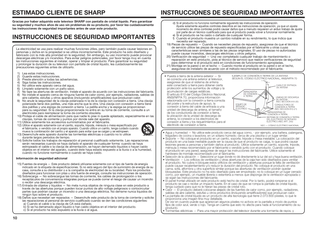 Sharp LC80UQ17U, LC70SQ15U, LC60UQ17U, LC60SQ15U, LC70EQ10U, LC70UQ17U setup guide Información de seguridad adicional 