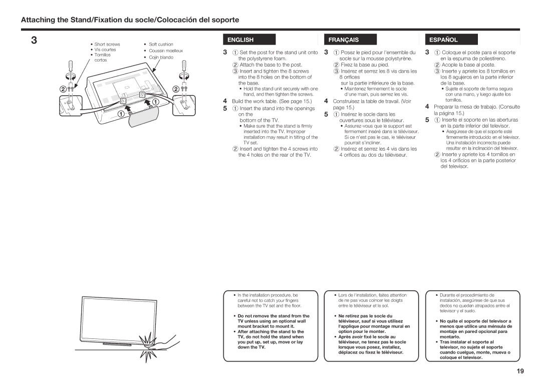 Sharp LC60SQ15U, LC70SQ15U, LC60UQ17U, LC70EQ10U, LC70UQ17U, LC80UQ17U setup guide Construisez la table de travail. Voir 