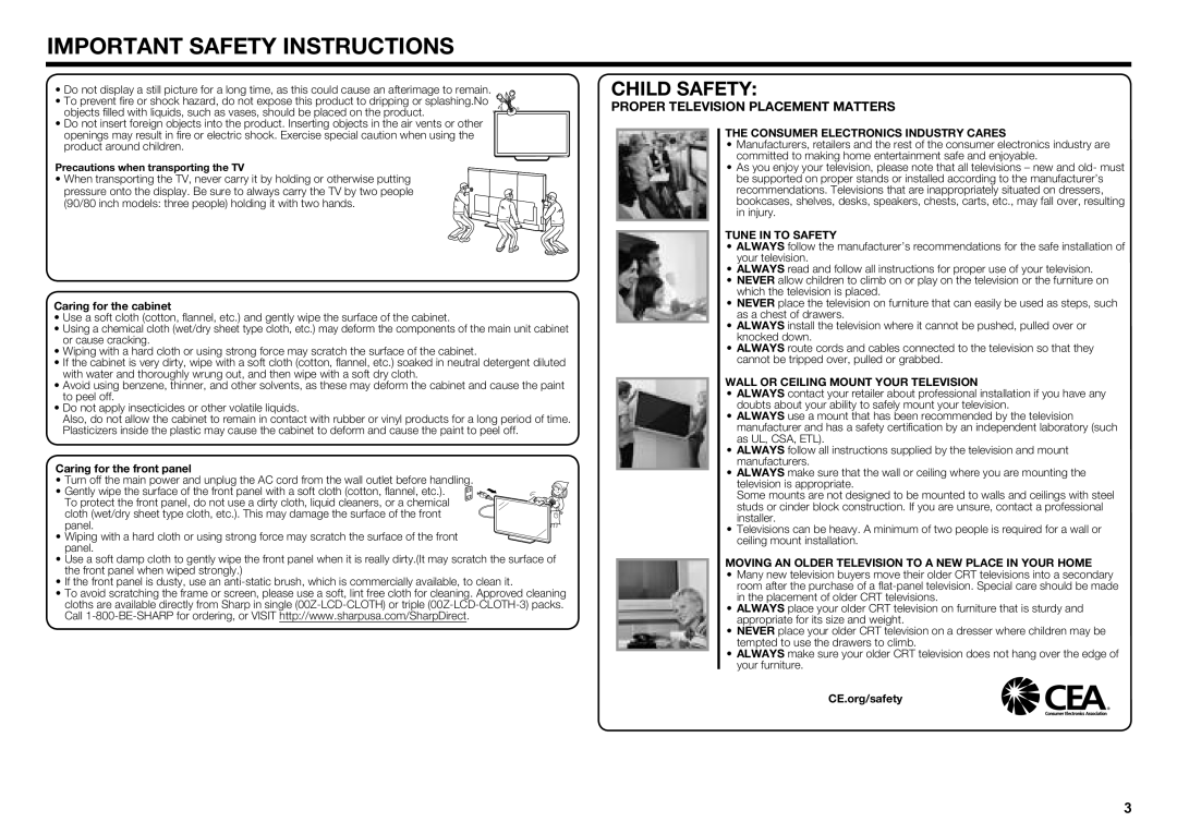 Sharp LC70UQ17U, LC70SQ15U Consumer Electronics Industry Cares, Tune in to Safety, Wall or Ceiling Mount Your Television 