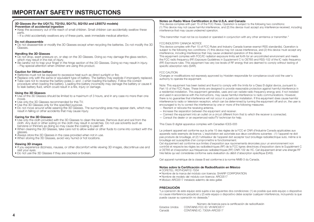 Sharp LC80UQ17U, LC70SQ15U, LC60UQ17U, LC60SQ15U, LC70EQ10U, LC70UQ17U setup guide Precaución 