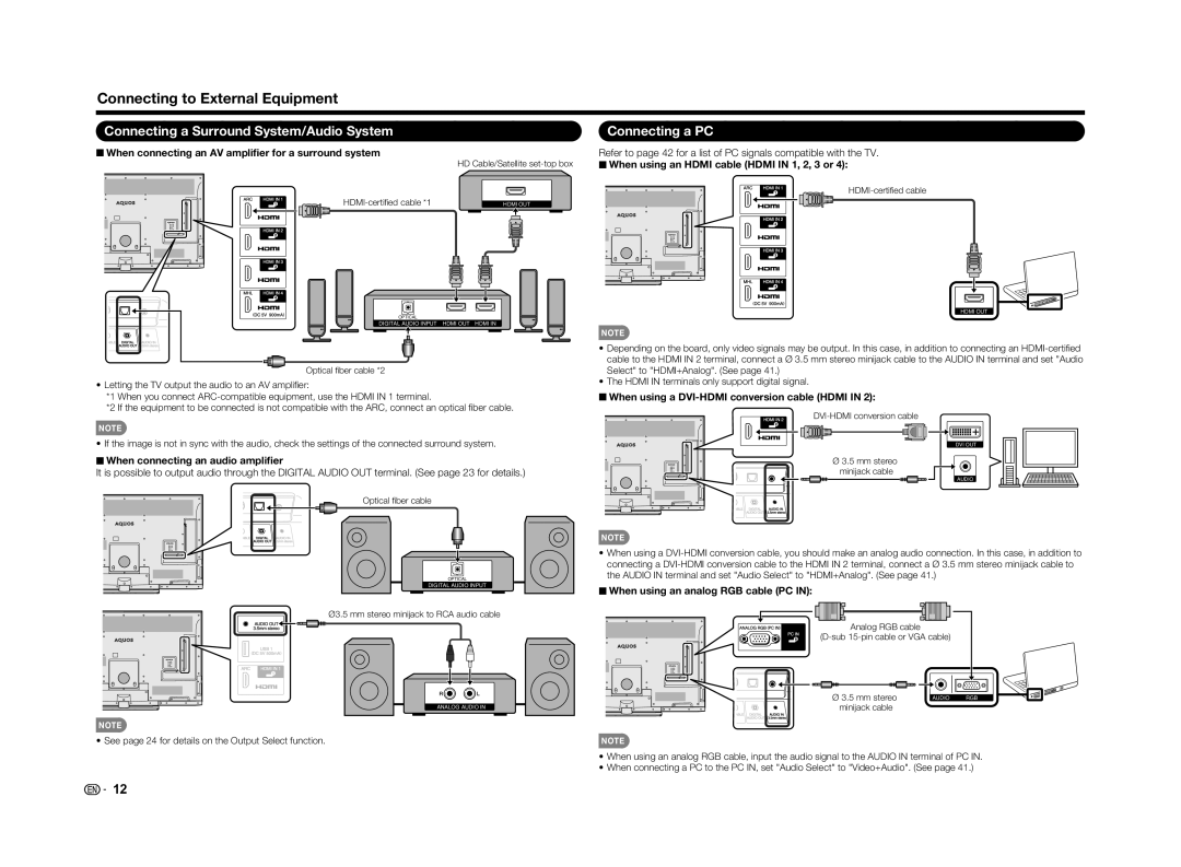 Sharp LC70UD1U, LC-70UD1U Connecting to External Equipment, Connecting a Surround System/Audio System, Connecting a PC 