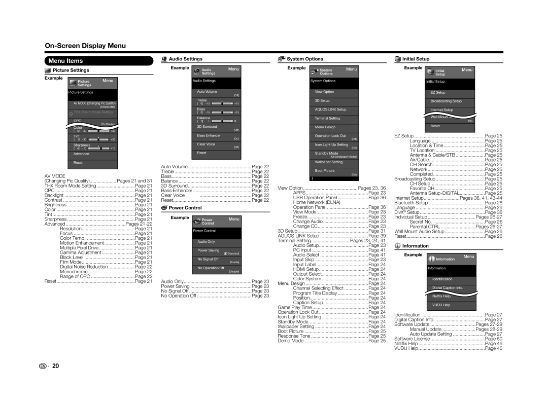 Sharp LC70UD1U, LC-70UD1U operation manual On-Screen Display Menu, Menu Items 