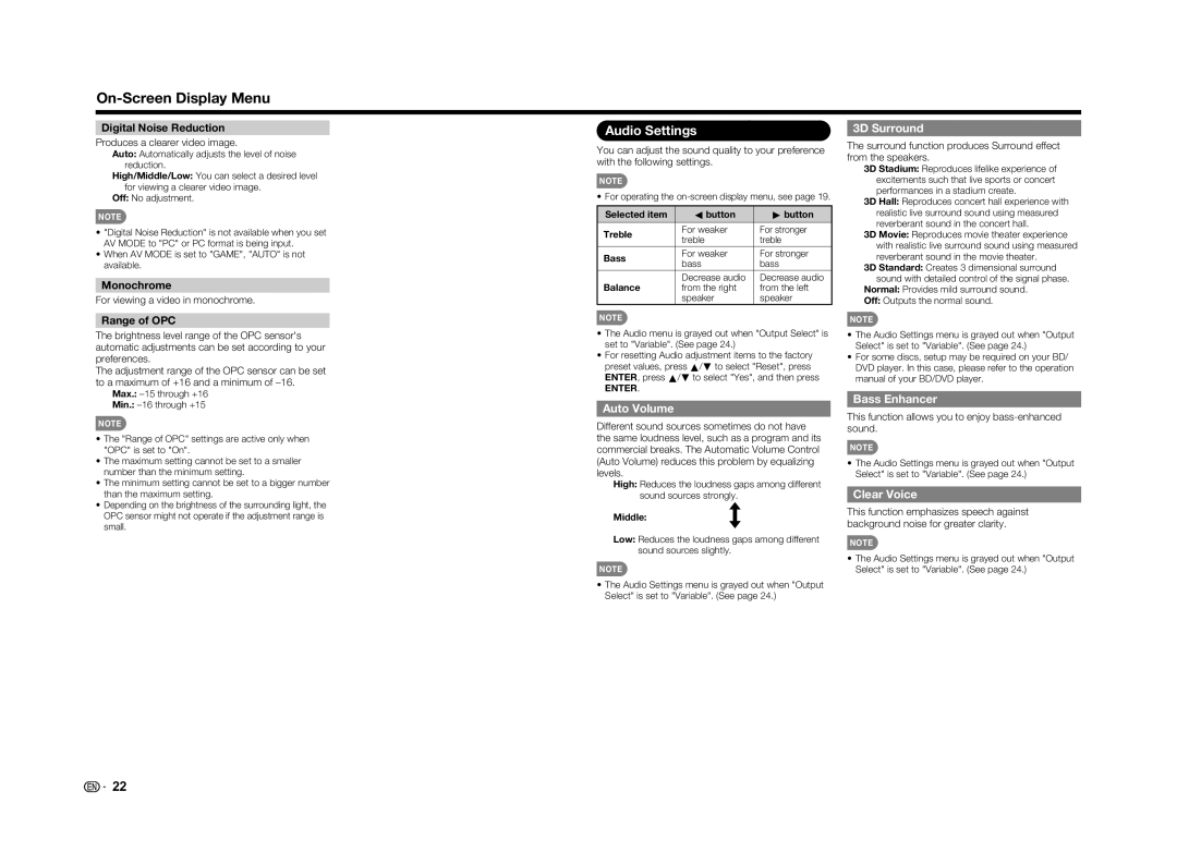 Sharp LC70UD1U, LC-70UD1U operation manual Audio Settings, Auto Volume, 3D Surround, Bass Enhancer, Clear Voice 