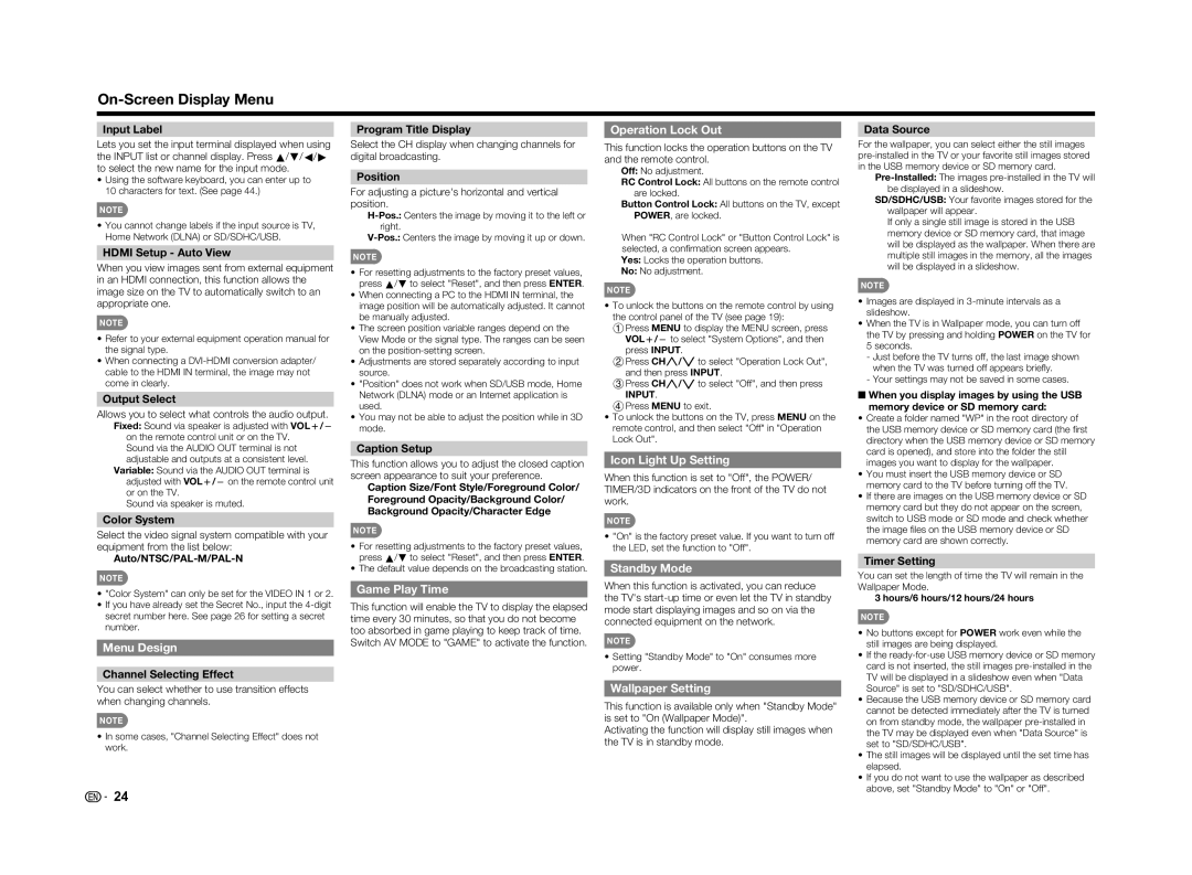 Sharp LC70UD1U Menu Design, Game Play Time, Operation Lock Out, Icon Light Up Setting, Standby Mode, Wallpaper Setting 