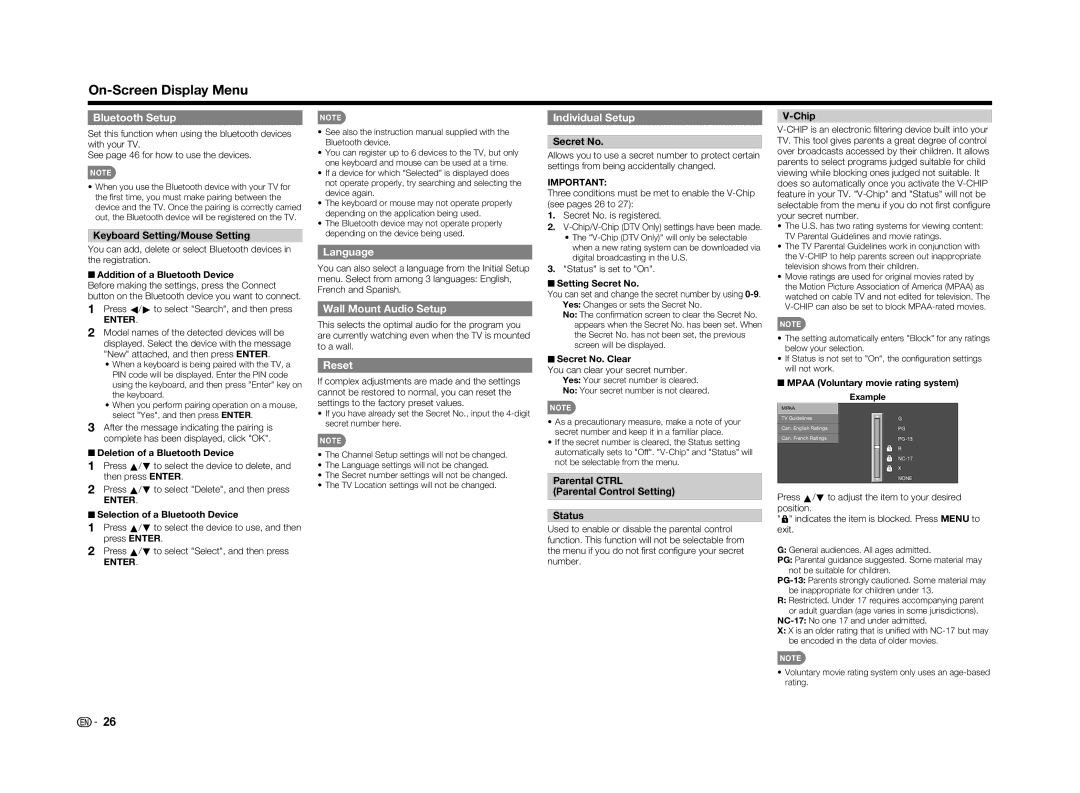 Sharp LC70UD1U, LC-70UD1U operation manual Bluetooth Setup, Language, Wall Mount Audio Setup, Reset, Individual Setup 