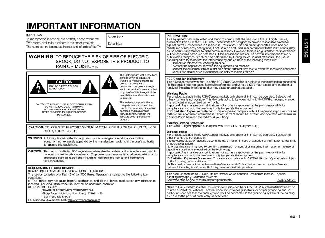 Sharp LC-70UD1U, LC70UD1U operation manual Information, FCC Compliance Statement, Wireless Radio, Industry Canada Statement 