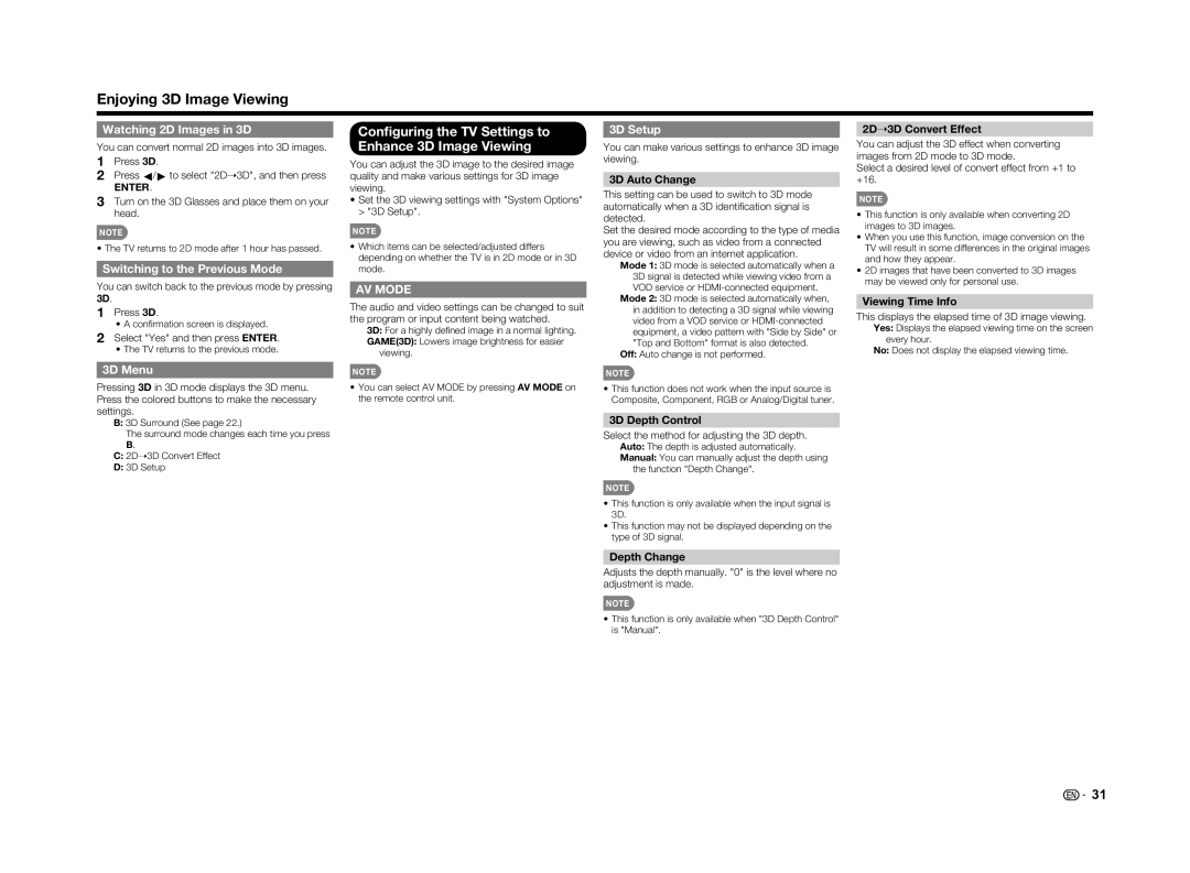 Sharp LC-70UD1U Conﬁguring the TV Settings to Enhance 3D Image Viewing, Watching 2D Images in 3D, 3D Menu, 3D Setup 