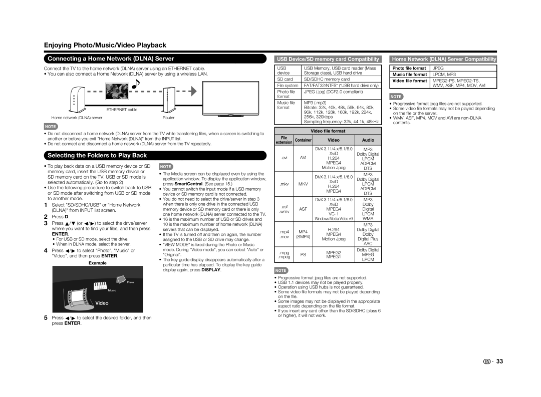 Sharp LC-70UD1U, LC70UD1U operation manual Enjoying Photo/Music/Video Playback, Connecting a Home Network Dlna Server 