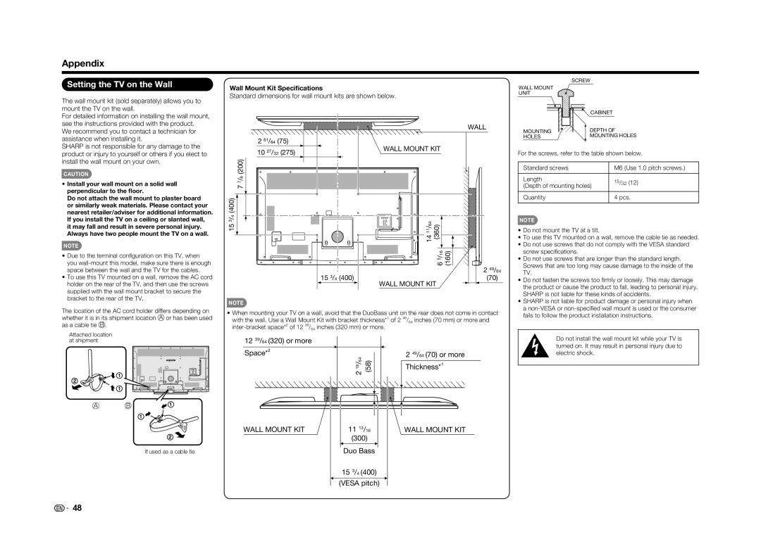 Sharp LC70UD1U, LC-70UD1U operation manual Appendix, Setting the TV on the Wall, Wall Mount Kit Speciﬁcations, 61/ 64 