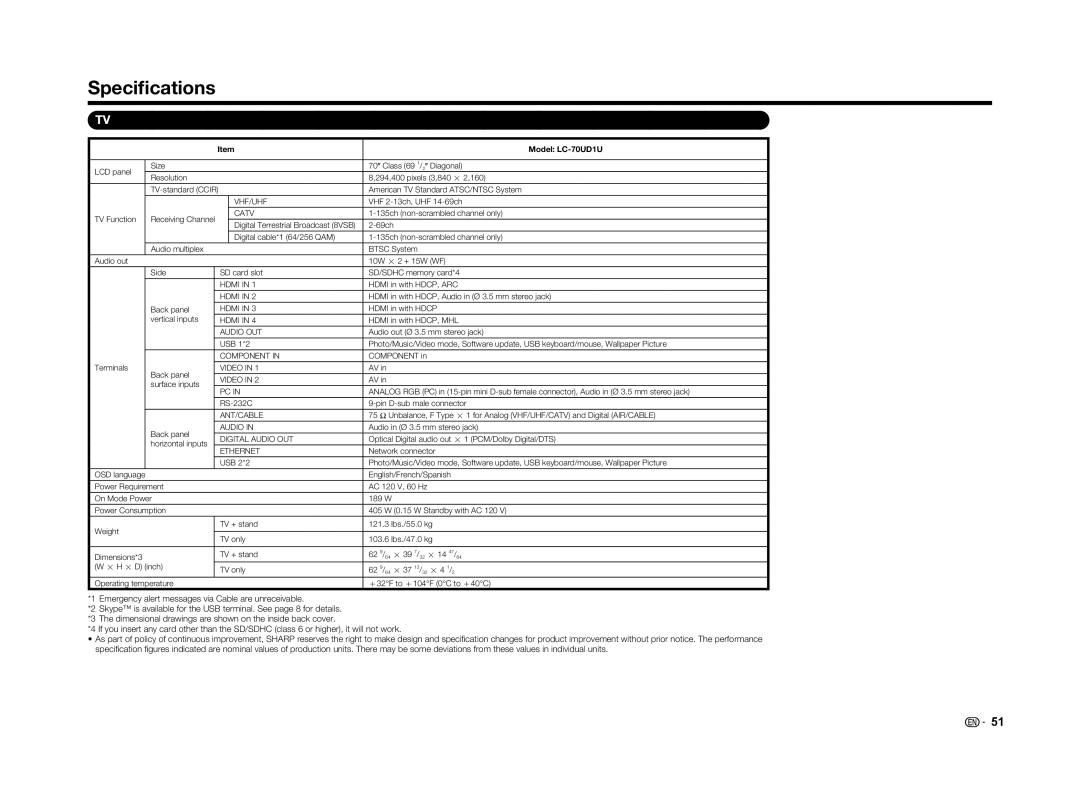 Sharp LC70UD1U operation manual Speciﬁcations, Model LC-70UD1U 