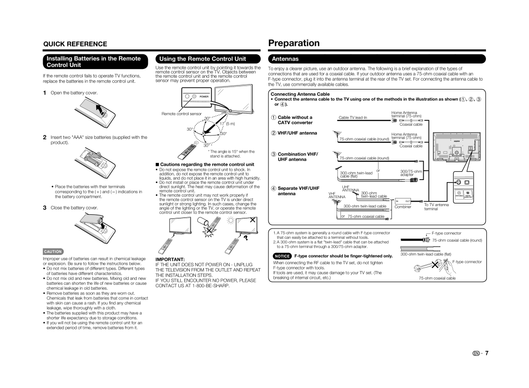 Sharp LC-70UD1U Preparation, Installing Batteries in the Remote Control Unit, Using the Remote Control Unit, Antennas 