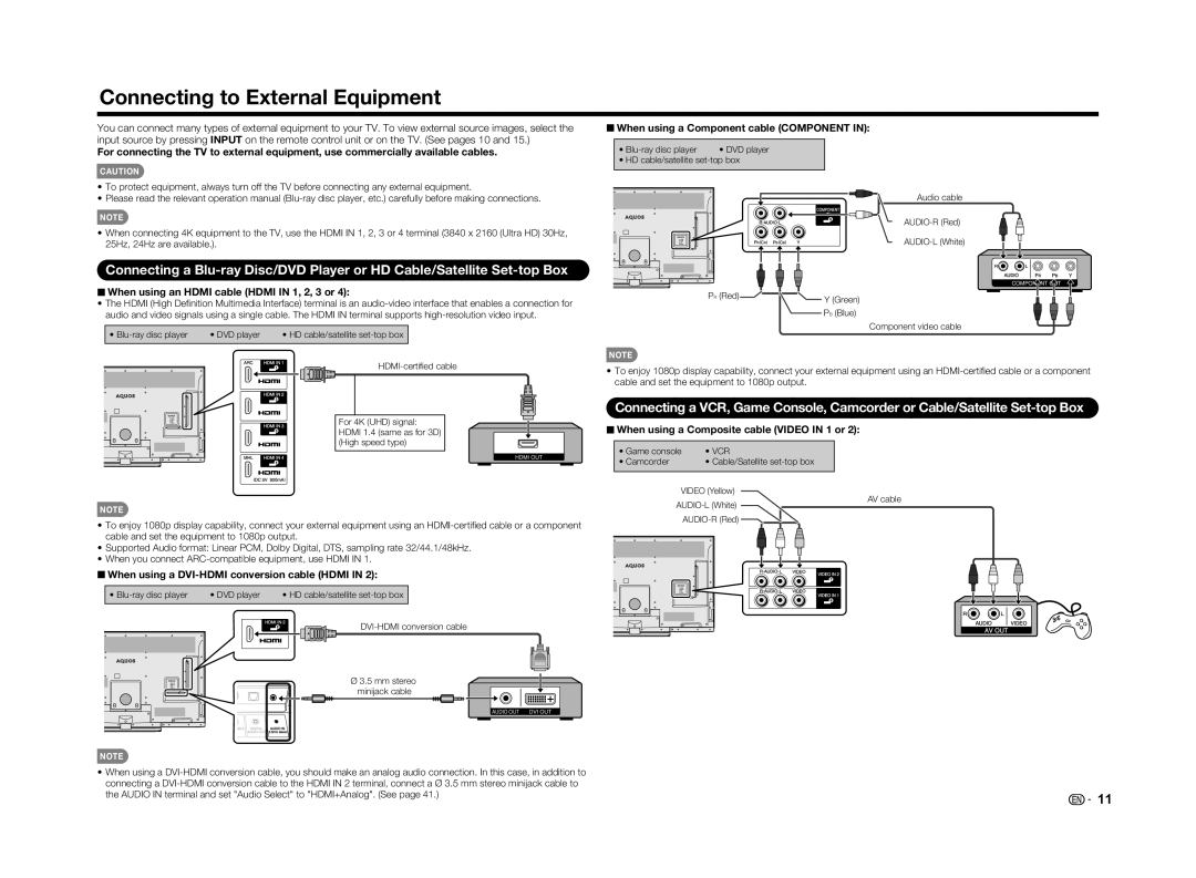 Sharp LC-70UD1U, LC70UD1U operation manual Connecting to External Equipment, When using an HDMI cable HDMI IN 1, 2, 3 or 