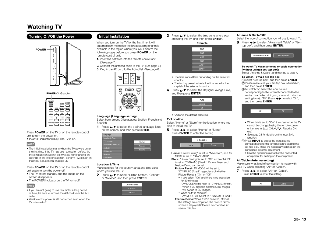 Sharp LC-70UD1U Watching TV, Turning On/Off the Power, Initial Installation, Language Language setting, Location & Time 