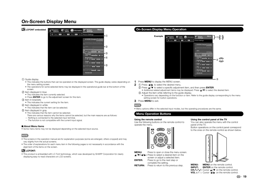 Sharp LC-70UD1U On-Screen Display Menu Operation, Menu Operation Buttons, Example, About Menu Items, Lcfont, Input 