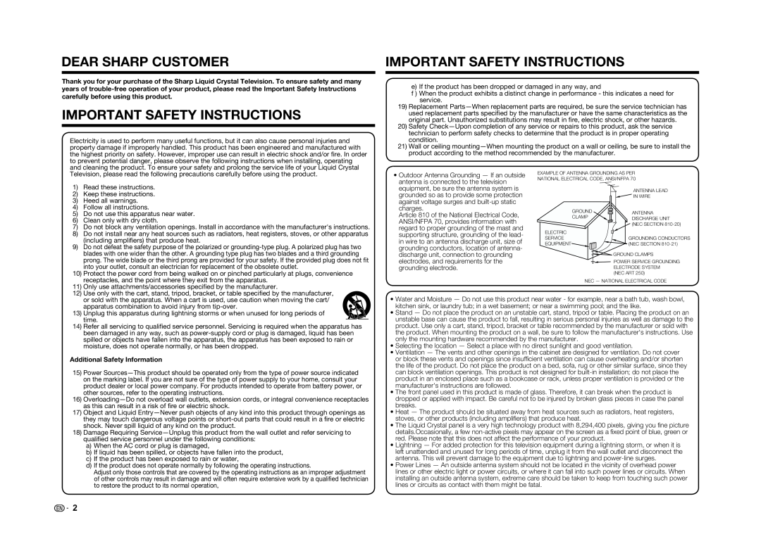 Sharp LC70UD1U, LC-70UD1U operation manual Dear Sharp Customer, Important Safety Instructions, Additional Safety Information 