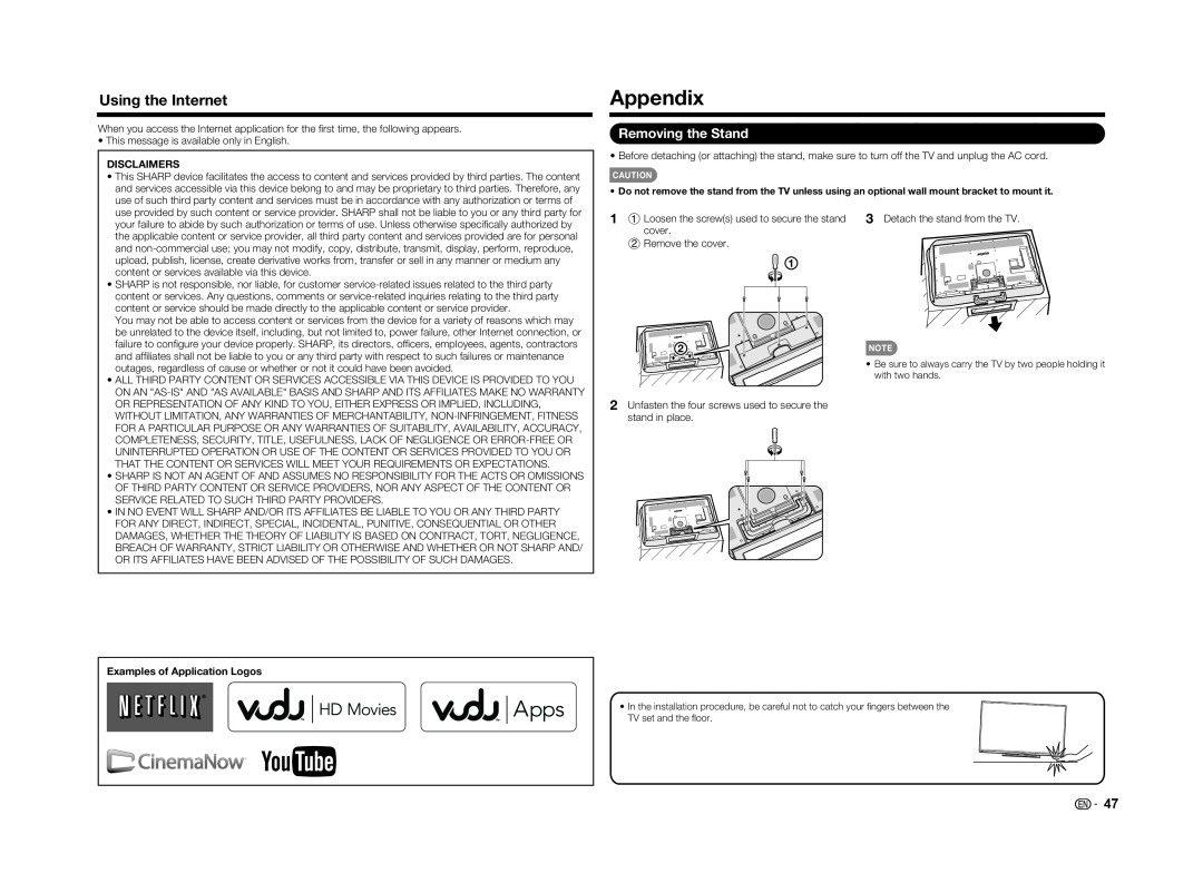Sharp LC-70UD1U, LC70UD1U operation manual Appendix, Using the Internet, Disclaimers, Examples of Application Logos 