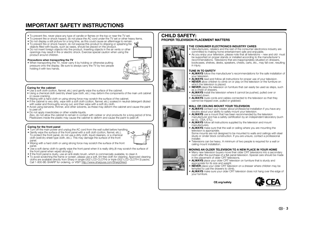 Sharp LC-70UD1U Important Safety Instructions, Child Safety, Proper Television Placement Matters, Caring for the cabinet 