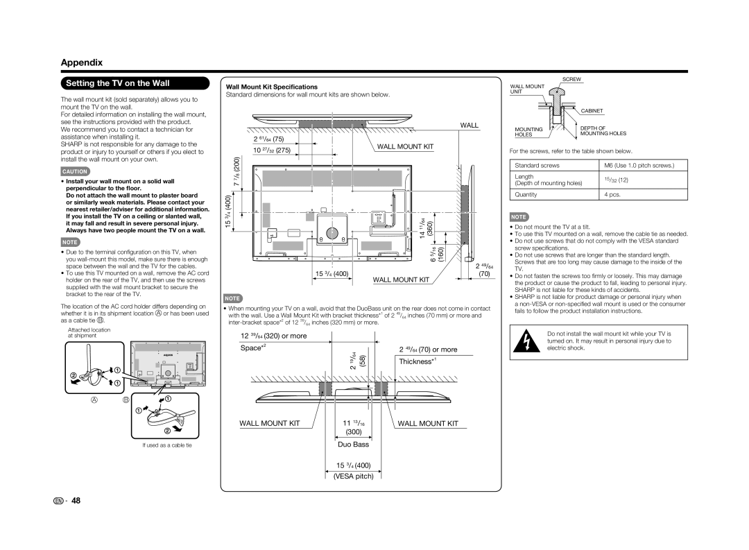 Sharp LC70UD1U, LC-70UD1U operation manual Appendix, Setting the TV on the Wall 