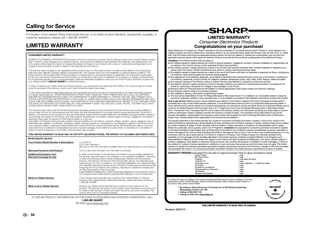 Sharp LC70UD1U, LC-70UD1U operation manual Calling for Service, Limited Warranty, Be-Sharp 