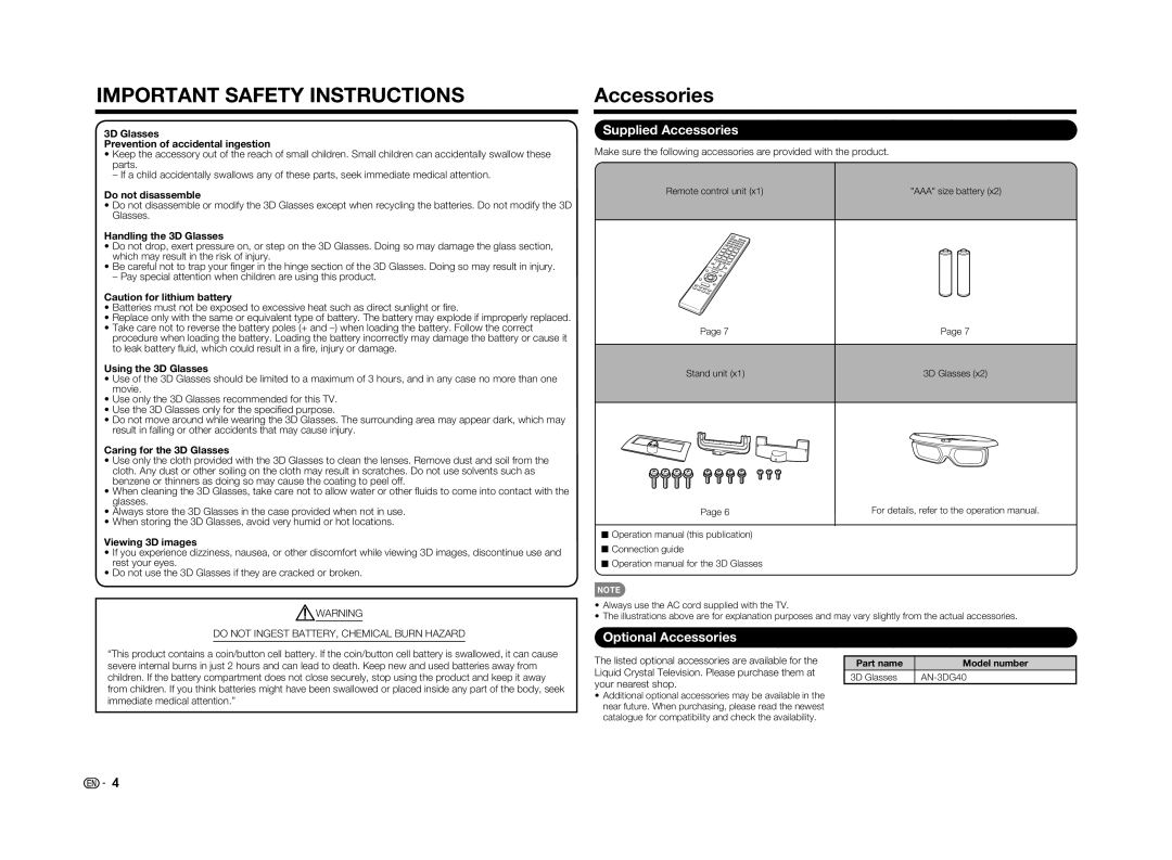 Sharp LC70UD1U Supplied Accessories, Optional Accessories, Important Safety Instructions, Do not disassemble, AN-3DG40 