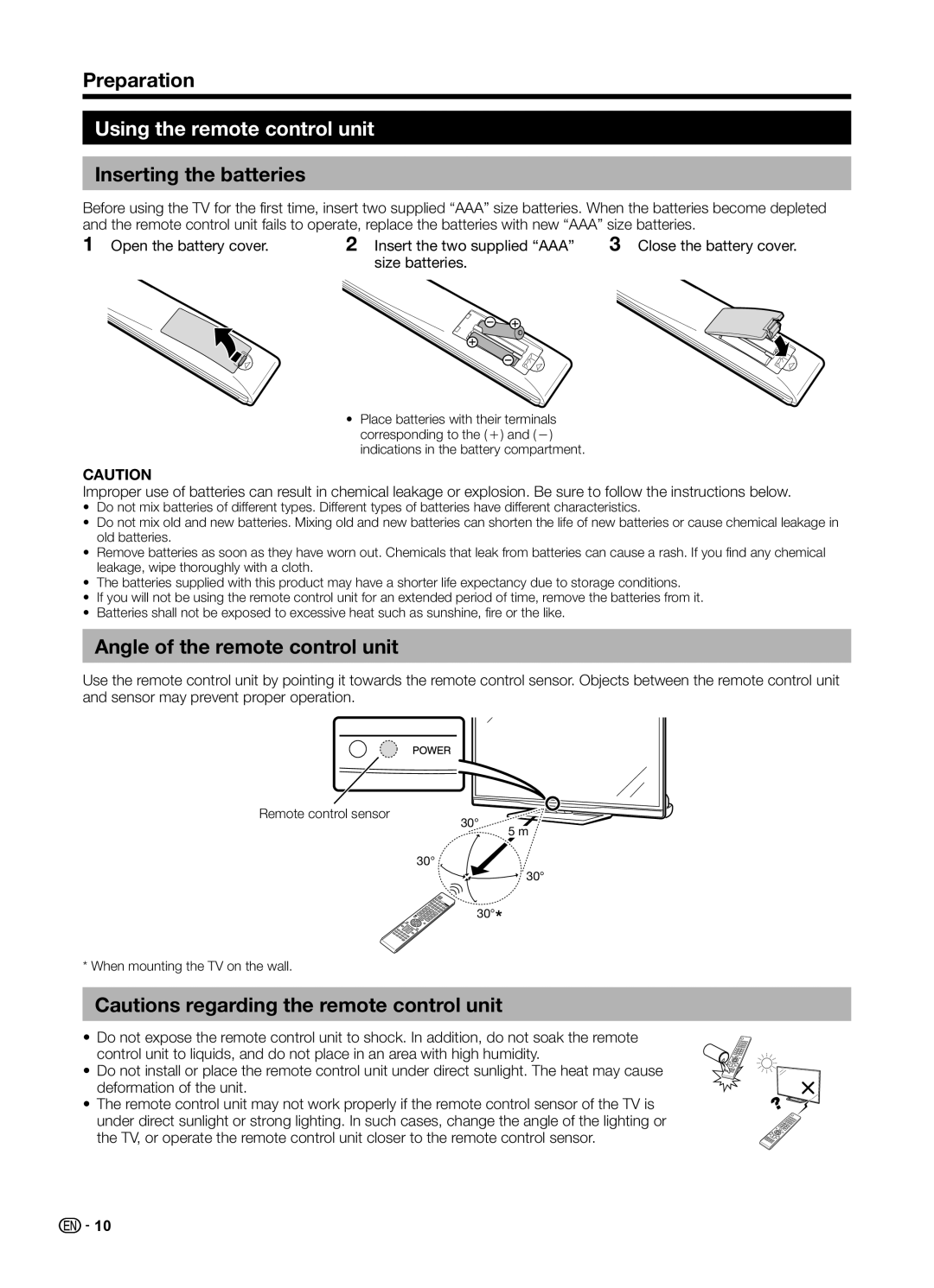 Sharp LC70UD1X operation manual Using the remote control unit, Inserting the batteries, Angle of the remote control unit 