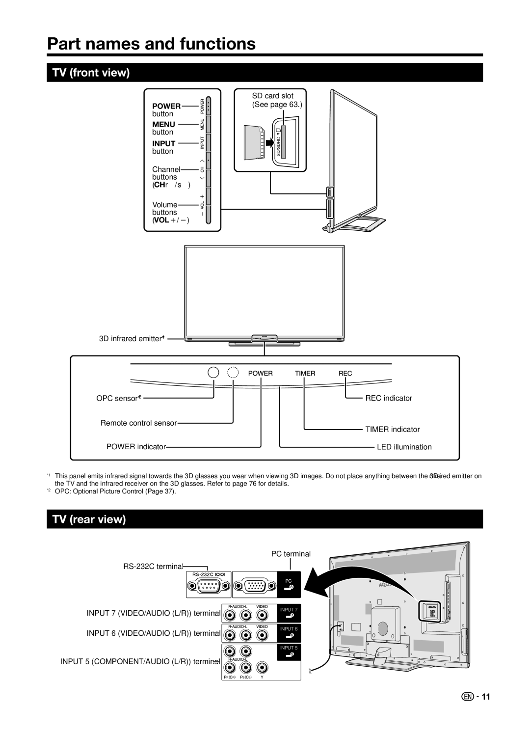 Sharp LC70UD1X operation manual Part names and functions, TV front view, TV rear view, Input button 