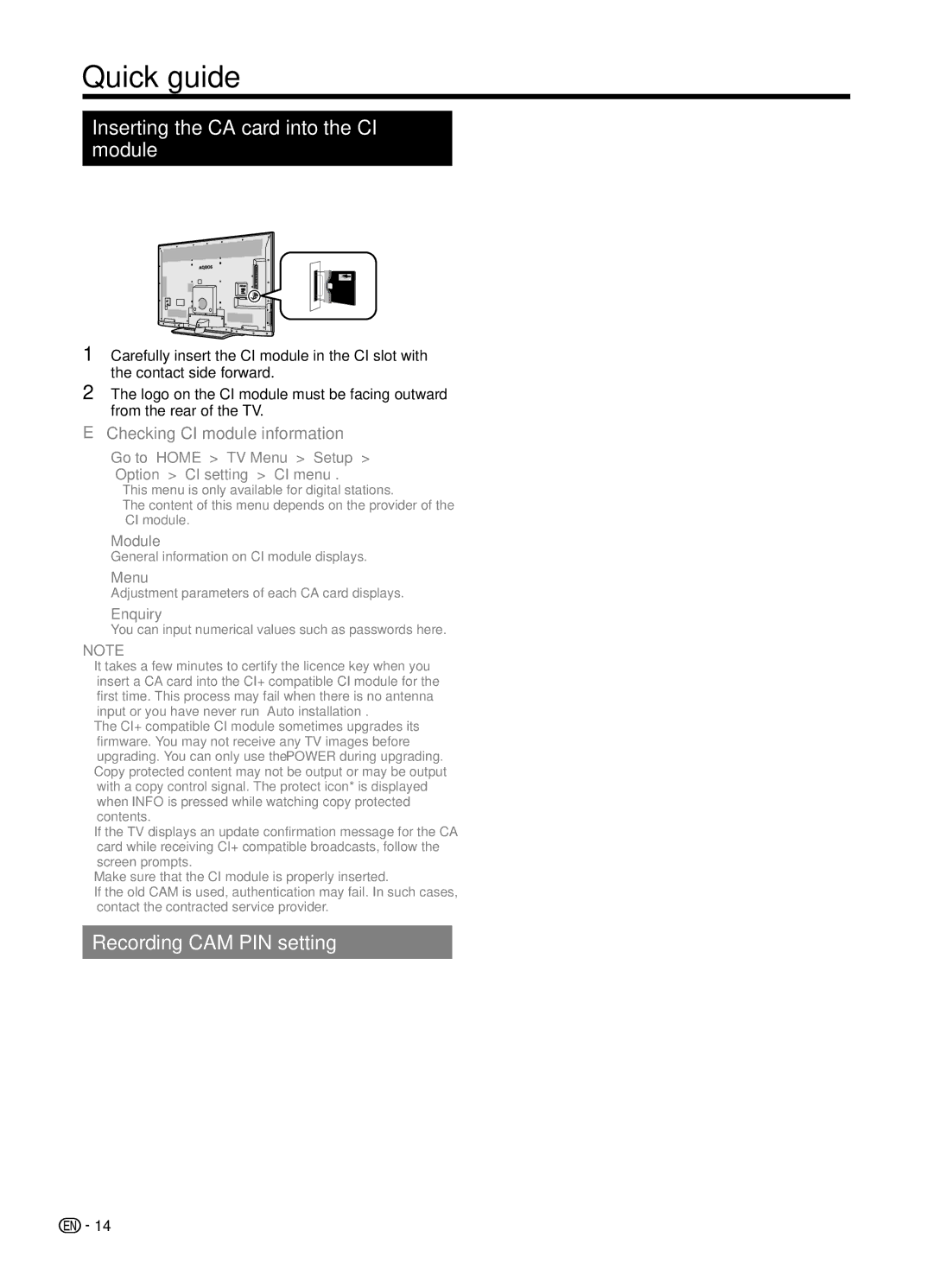 Sharp LC70UD1X Quick guide, Inserting the CA card into the CI module, Recording CAM PIN setting, CI plus 1.3 Standard 