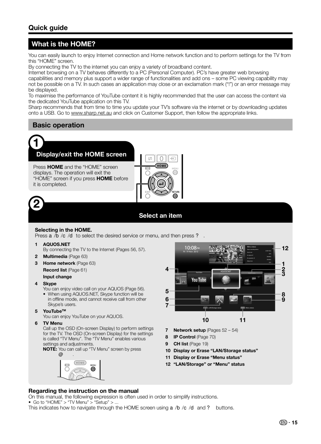 Sharp LC70UD1X operation manual Quick guide, What is the HOME?, Basic operation, Regarding the instruction on the manual 