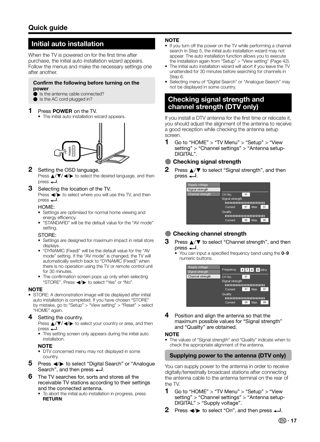 Sharp LC70UD1X operation manual Initial auto installation, Checking signal strength and channel strength DTV only 