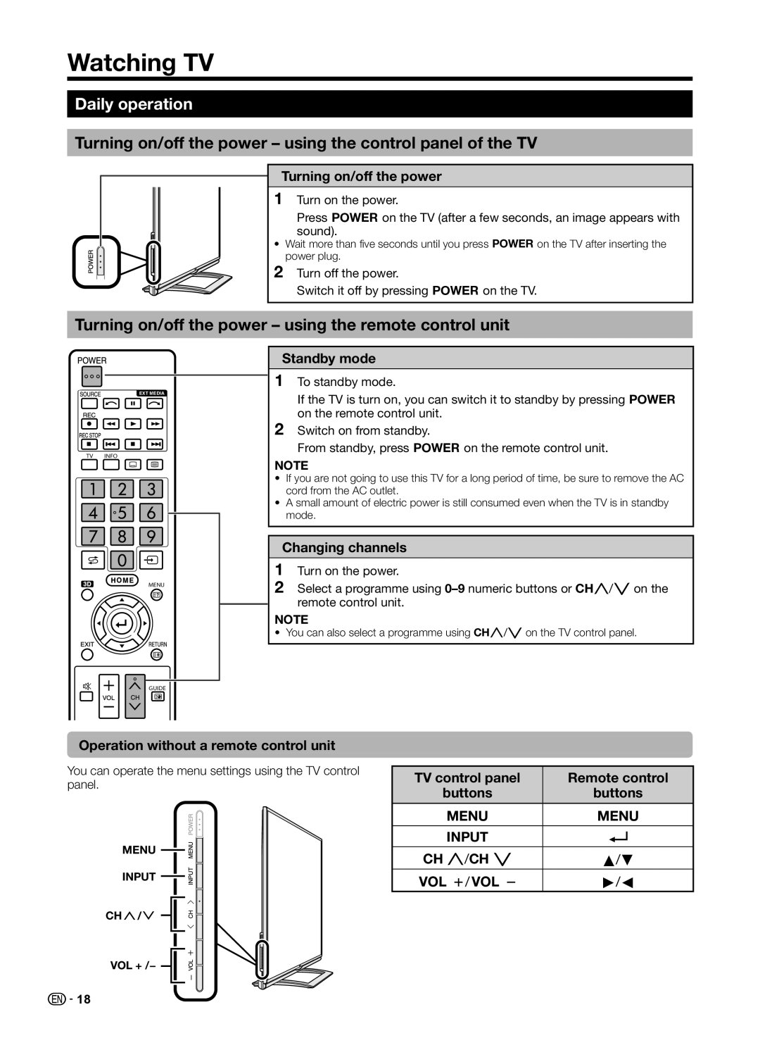 Sharp LC70UD1X operation manual Watching TV, Daily operation, Turning on/off the power using the control panel of the TV 