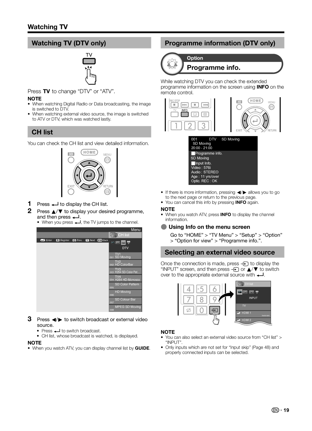 Sharp LC70UD1X operation manual CH list, Programme info, Selecting an external video source, EUsing Info on the menu screen 