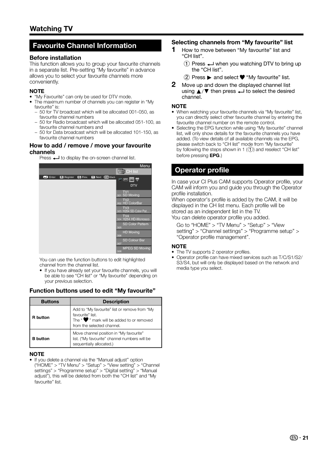 Sharp LC70UD1X operation manual Watching TV, Favourite Channel Information, Operator profile 