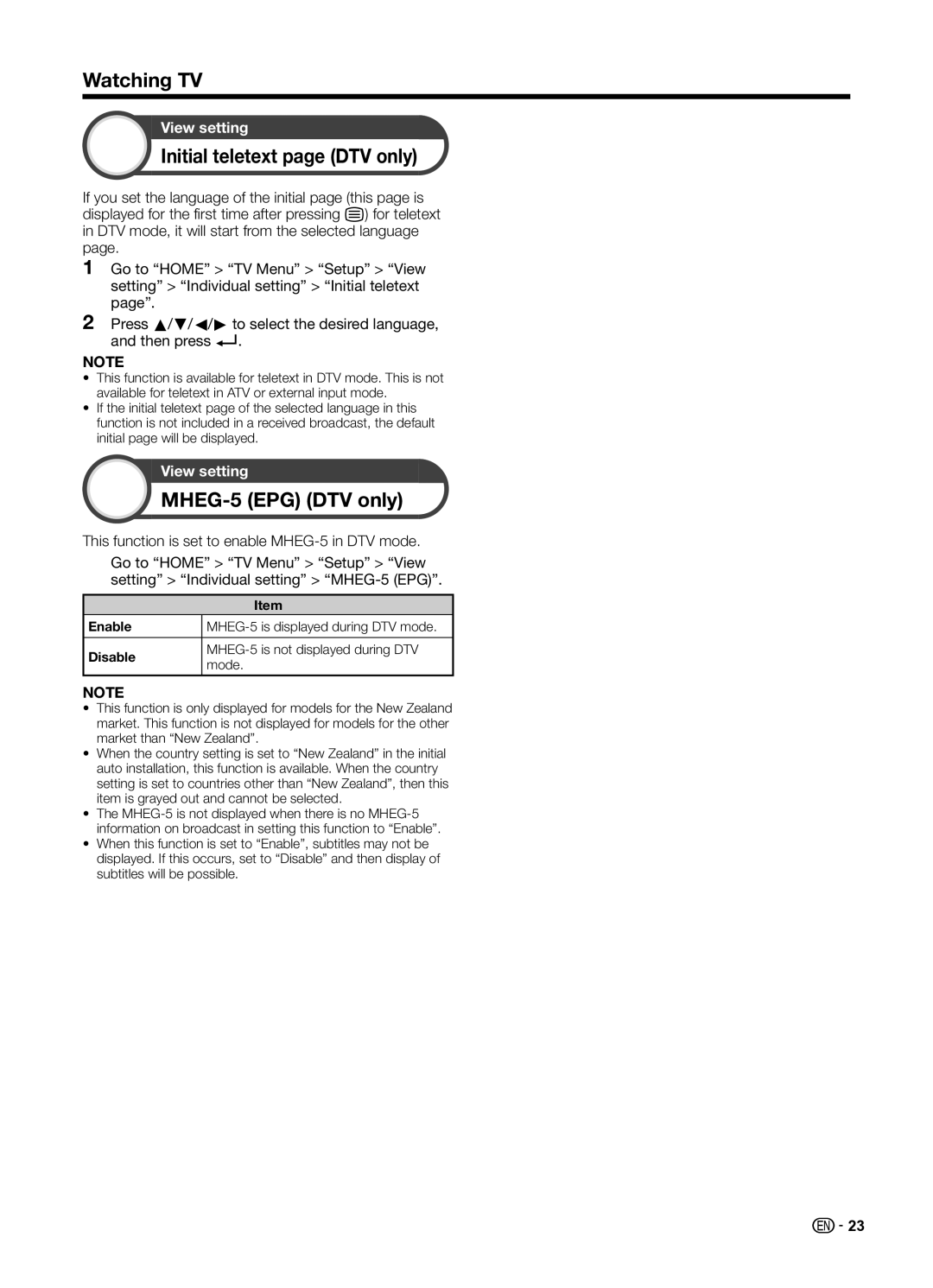 Sharp LC70UD1X operation manual Initial teletext page DTV only, MHEG-5 EPG DTV only, Enable, Disable 