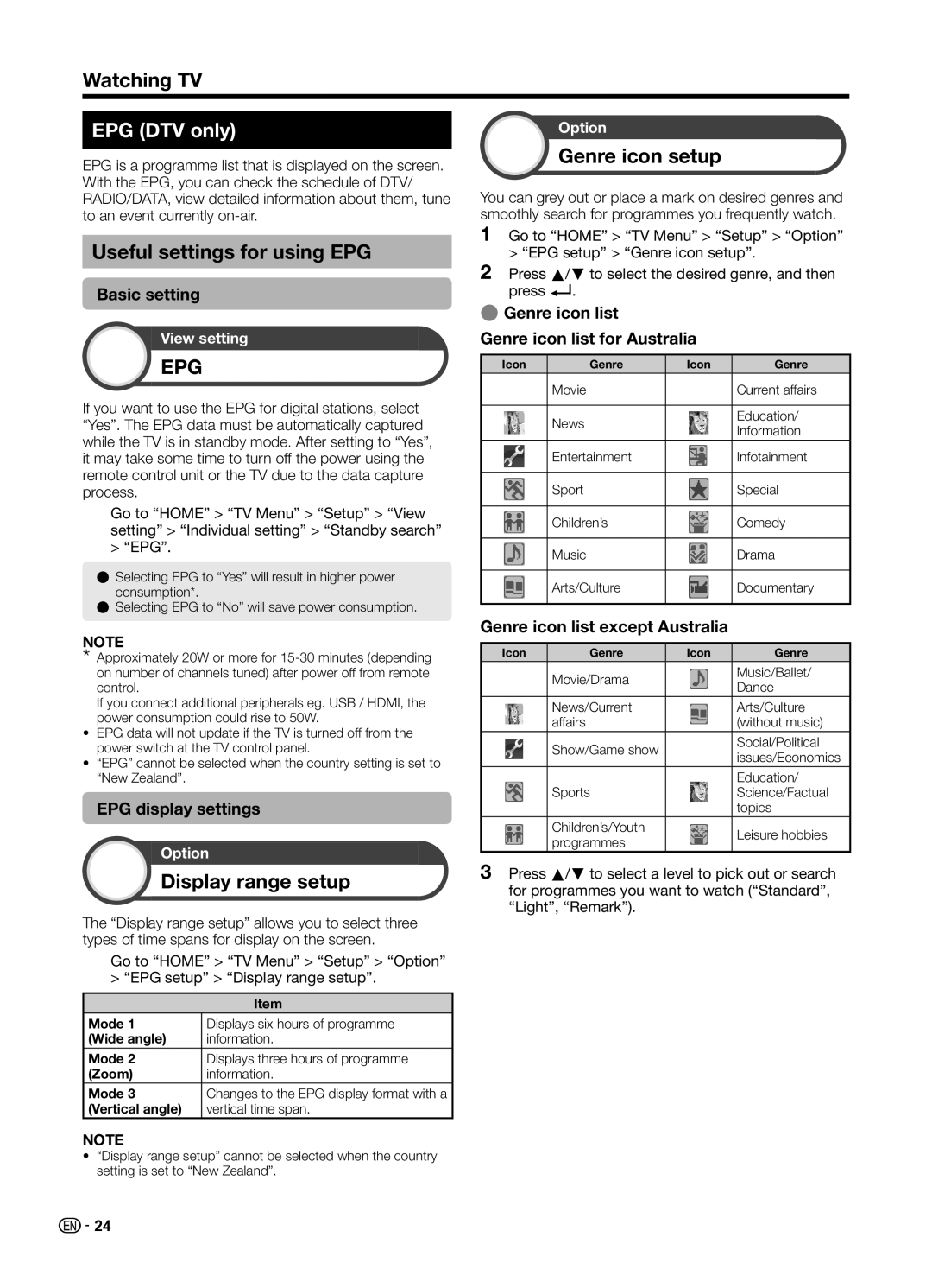 Sharp LC70UD1X operation manual EPG DTV only, Useful settings for using EPG, Genre icon setup, Display range setup 