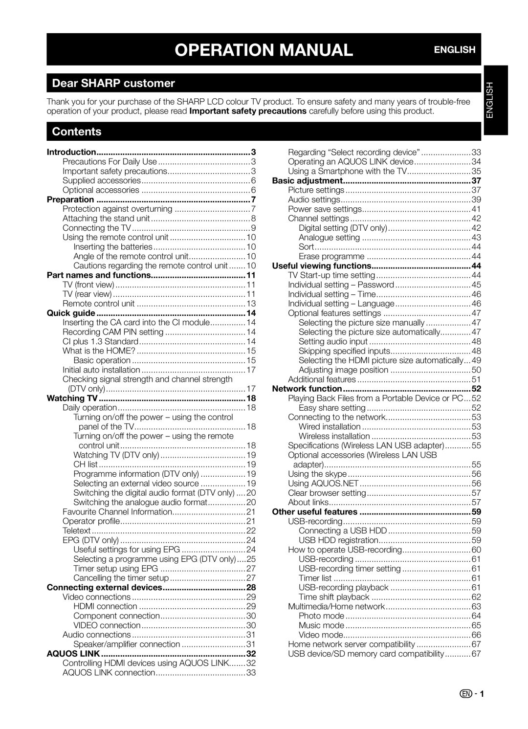 Sharp LC70UD1X operation manual Dear Sharp customer, Contents 