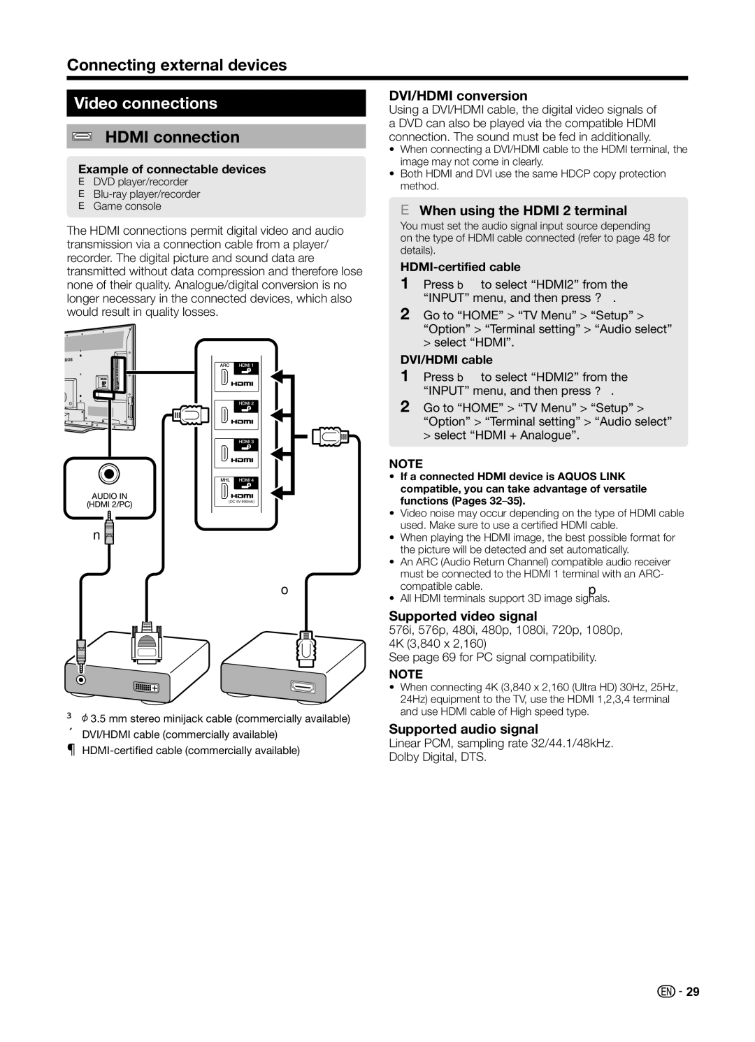 Sharp LC70UD1X operation manual Connecting external devices, Video connections, Hdmi connection 